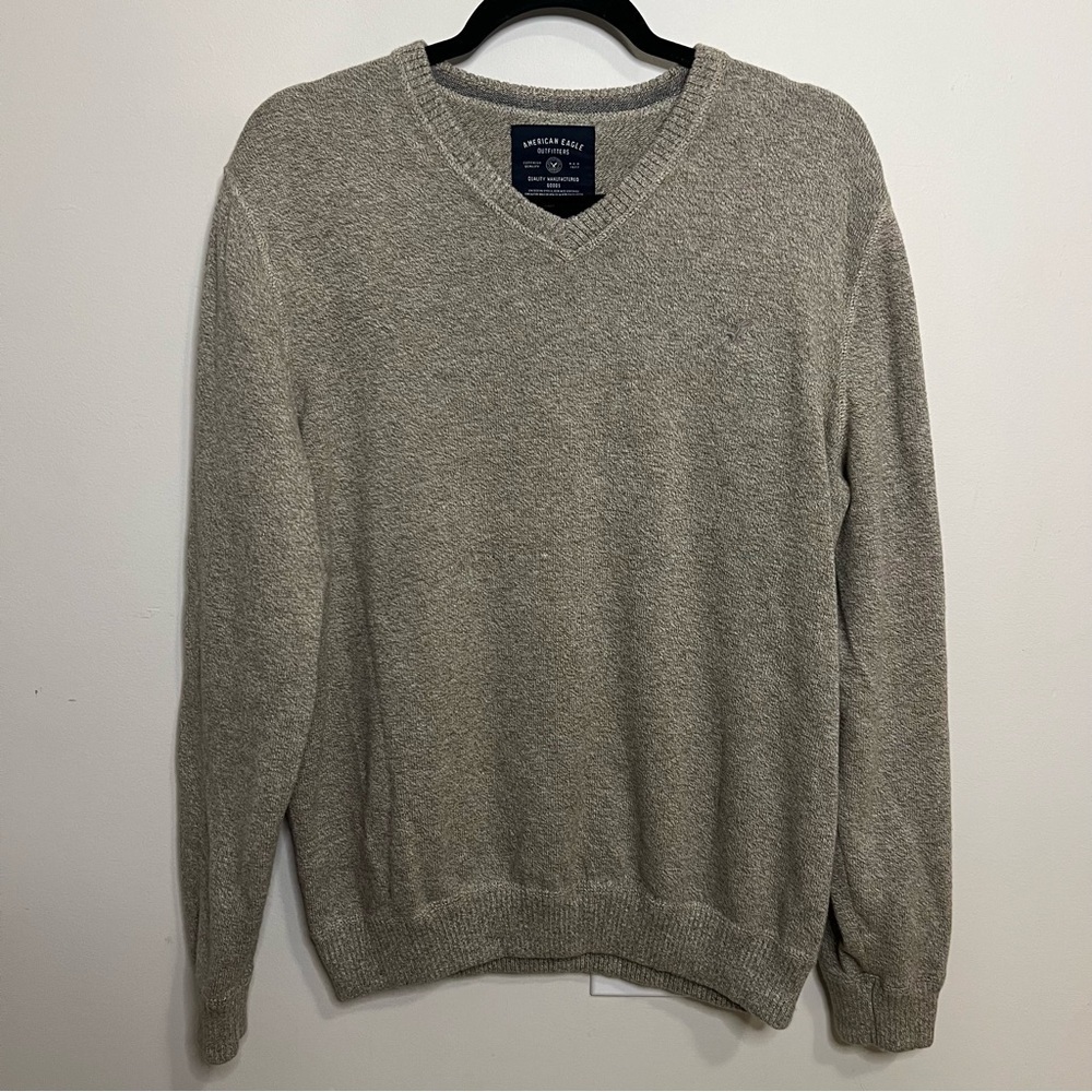 Vintage American Eagle Outfitters Men's Gray V Neck Sweater 100% Cotton Classic